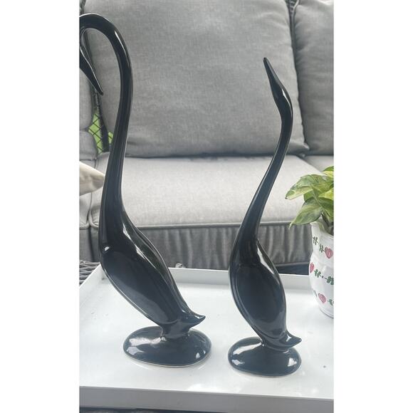 2 VTG MCM Black Ceramic Glass Figures Crane Egret Swan Arnels Style Birds Heron - Picture 3 of 7